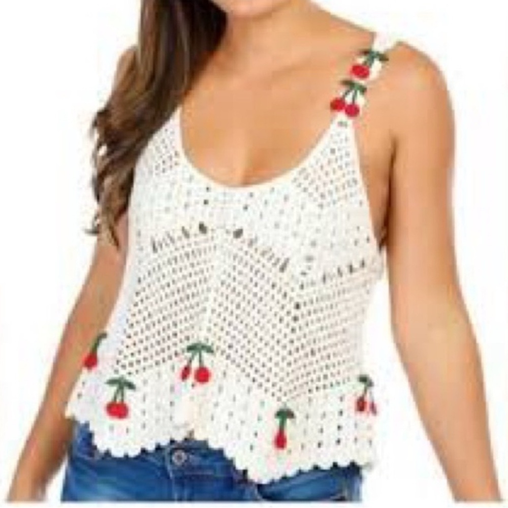 Rebellion Again Off White Crochet Tank with Cherry Accents